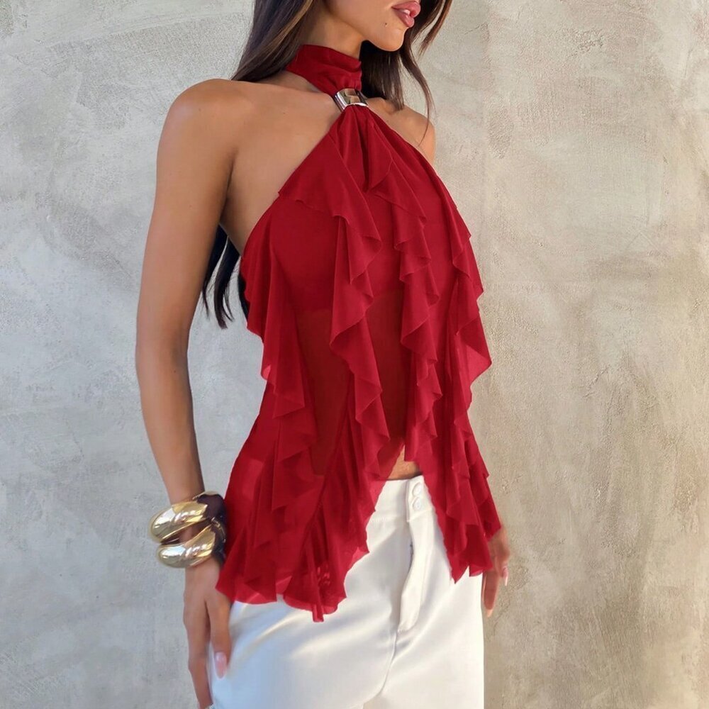 Red Casual Women's Elegant Multi-Layer Ruffle Trim Stand Collar Fitted Tank Top